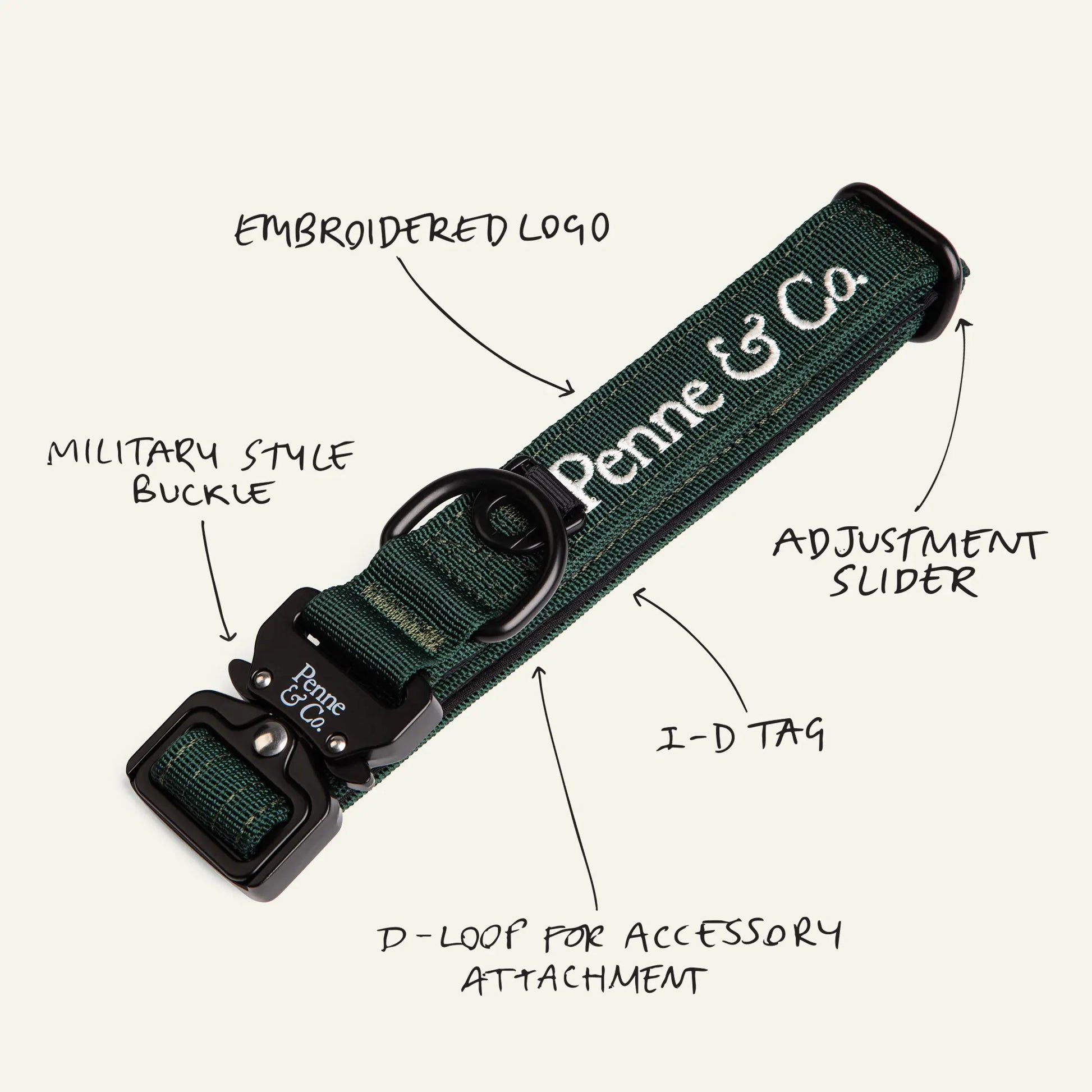 Brecon Green Collar - Military Style Buckle, Embroidered Logo, Adjustment Slider, ID Tag, D-Loop for Accessory Attachment