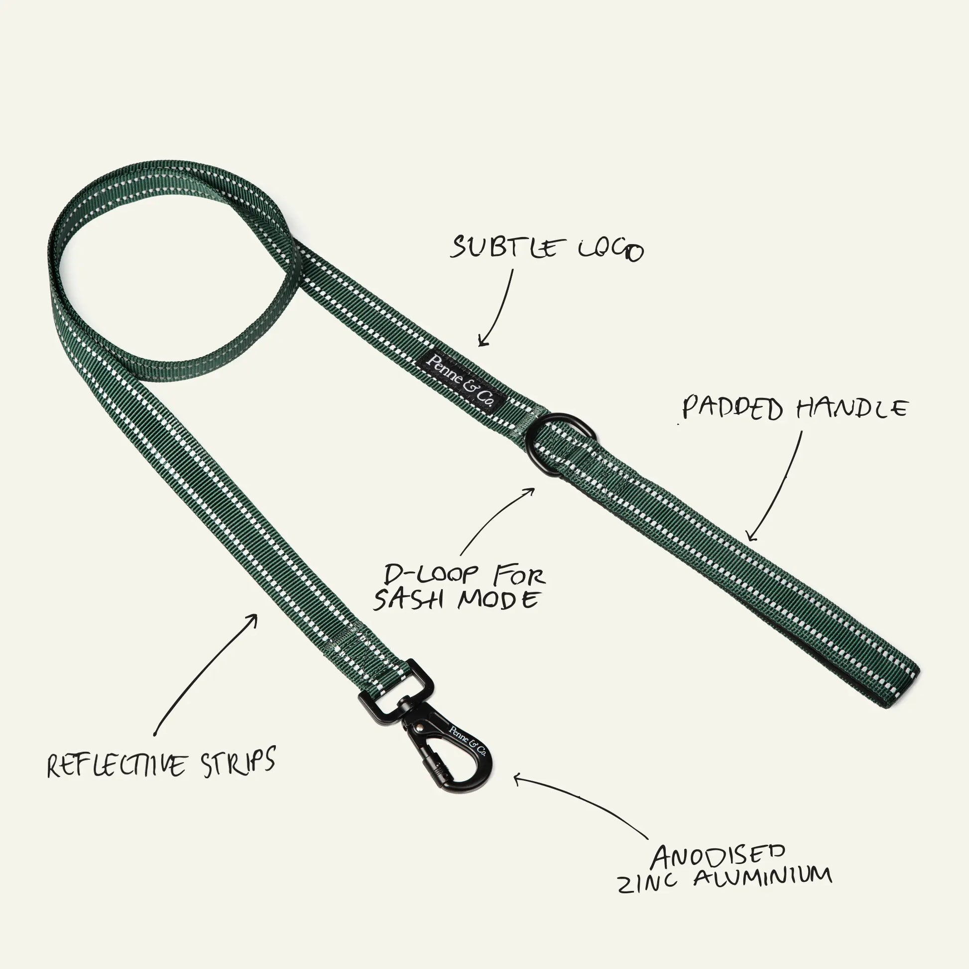 Richmond Green Dog Leash - Subtle Logo, Padded Handle, D-Loop for Sash Mode, Reflective Strips, Anodised Zinc Aluminium