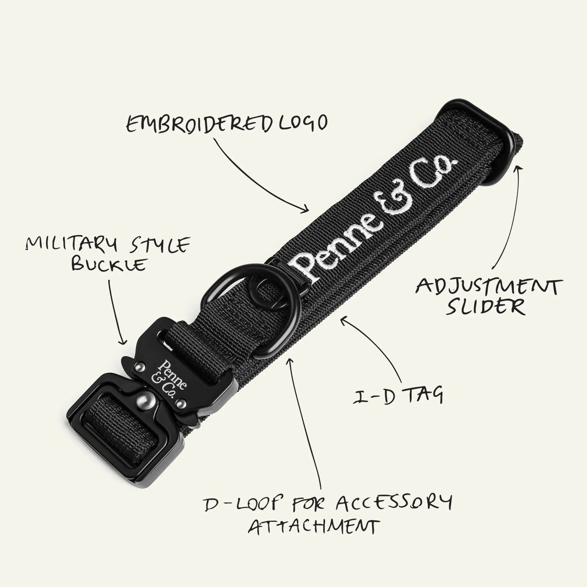 Brecon Black Collar - Military Style Buckle, Embroidered Logo, Adjustment Slider, ID Tag, D-Loop for Accessory Attachment