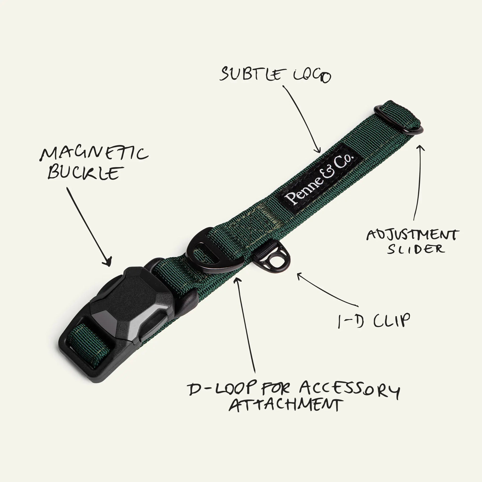 Richmond Green Collar - Subtle Logo, Magnetic Buckle, Adjustment Slider, ID Clip, D-Loop for Accessory Attachment