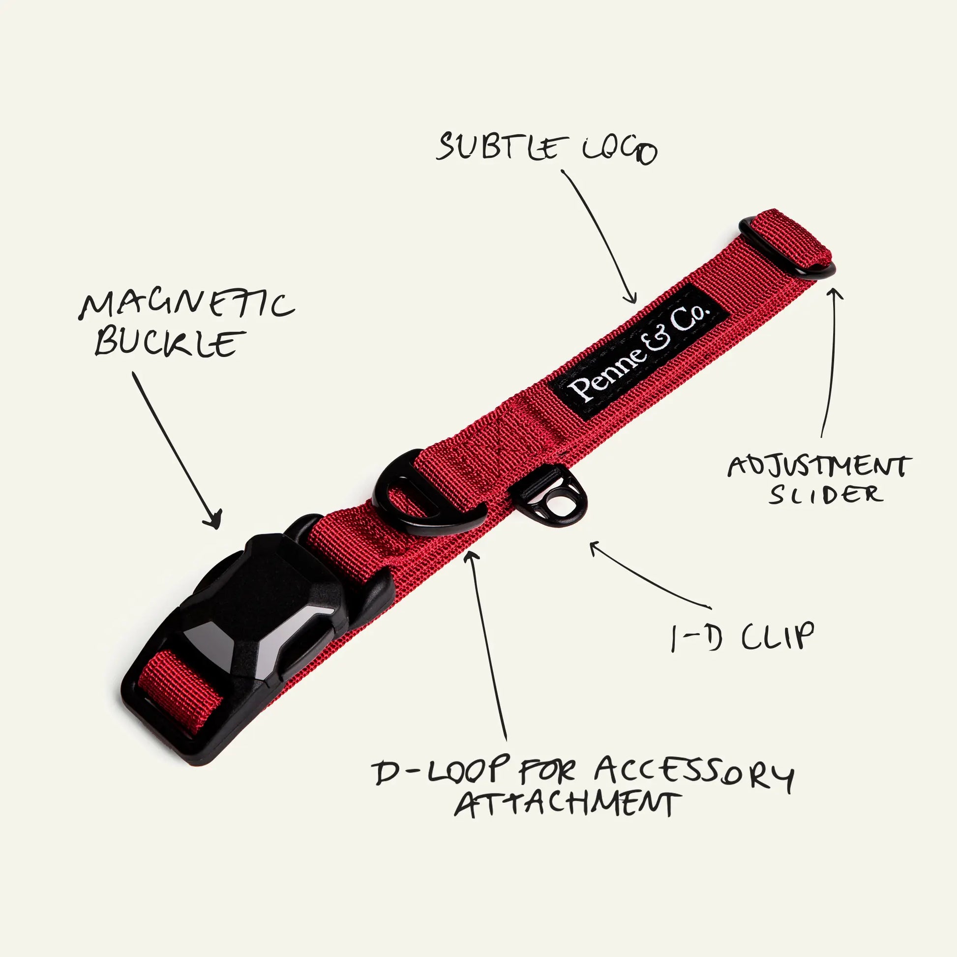Richmond Red Collar - Subtle Logo, Magnetic Buckle, Adjustment Slider, ID Clip, D-Loop for Accessory Attachment