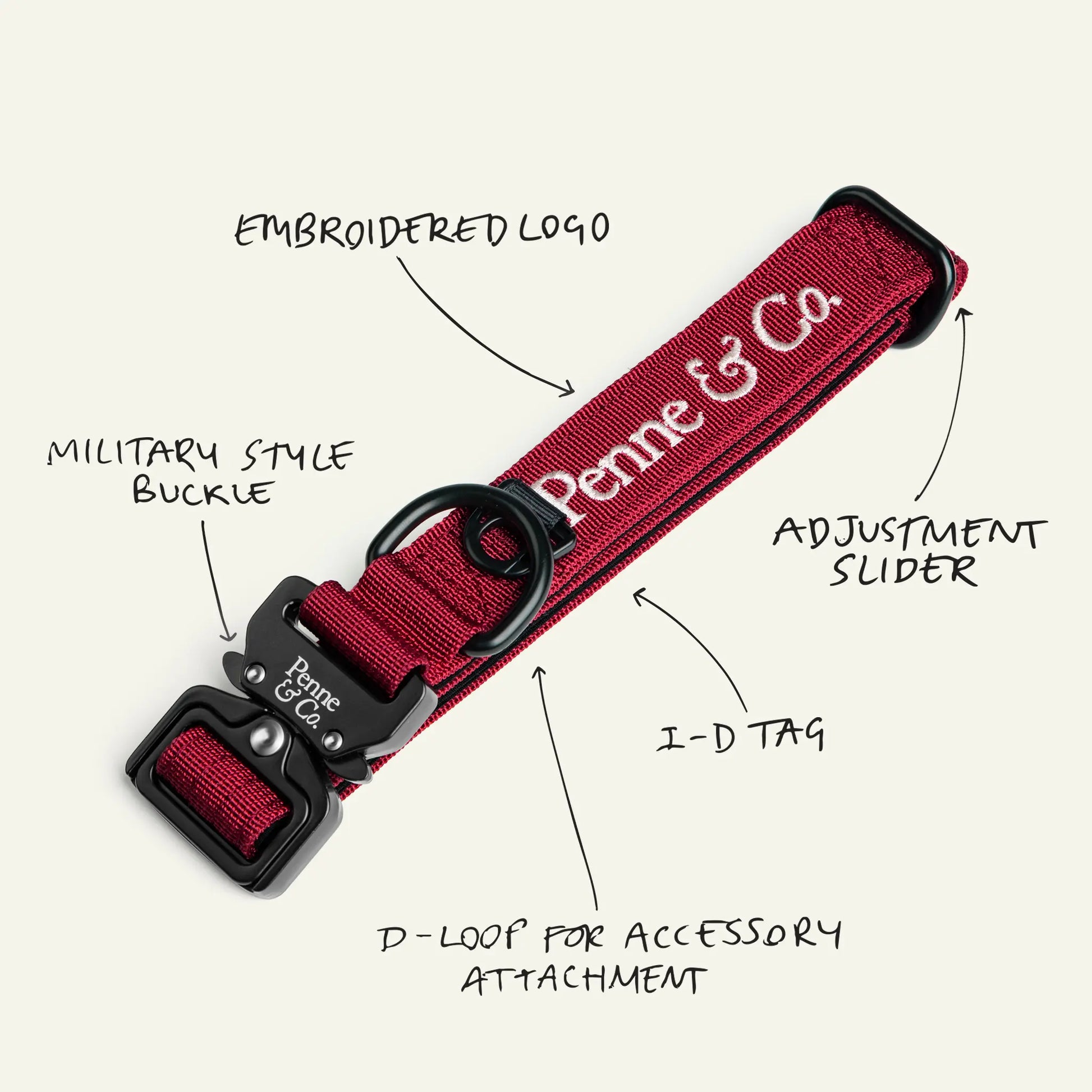 Brecon Red Collar - Military Style Buckle, Embroidered Logo, Adjustment Slider, ID Tag, D-Loop for Accessory Attachment