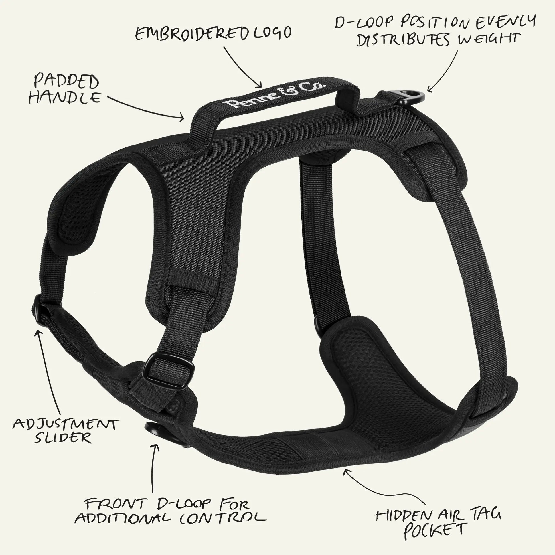 Brecon Black Harness - Padded Handle, Embroidered Logo, D-Loop Position Evenly Distributes Weight, Adjustment Slider, Front D-Loop for Additional Control, Hidden Air Tag Pocket