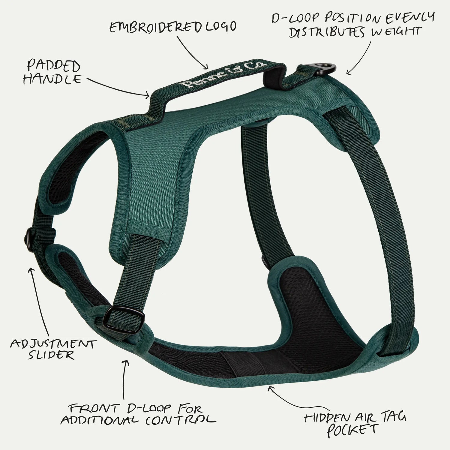 Brecon Green Harness - Padded Handle, Embroidered Logo, D-Loop Position Evenly Distributes Weight, Adjustment Slider, Front D-Loop for Additional Control, Hidden Air Tag Pocket