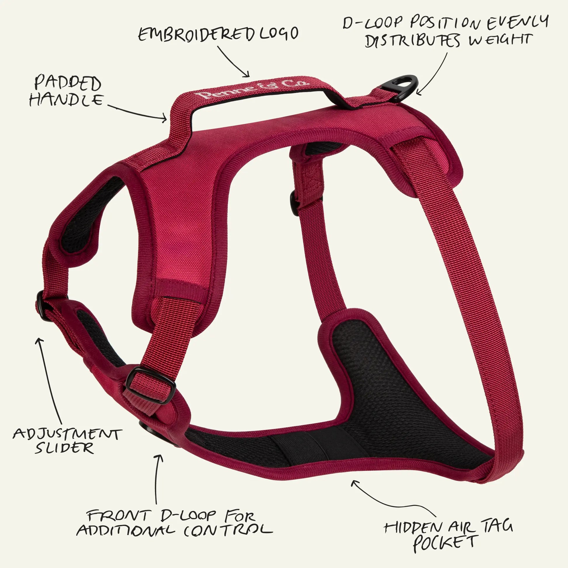 Brecon Red Harness - Padded Handle, Embroidered Logo, D-Loop Position Evenly Distributes Weight, Adjustment Slider, Front D-Loop for Additional Control, Hidden Air Tag Pocket