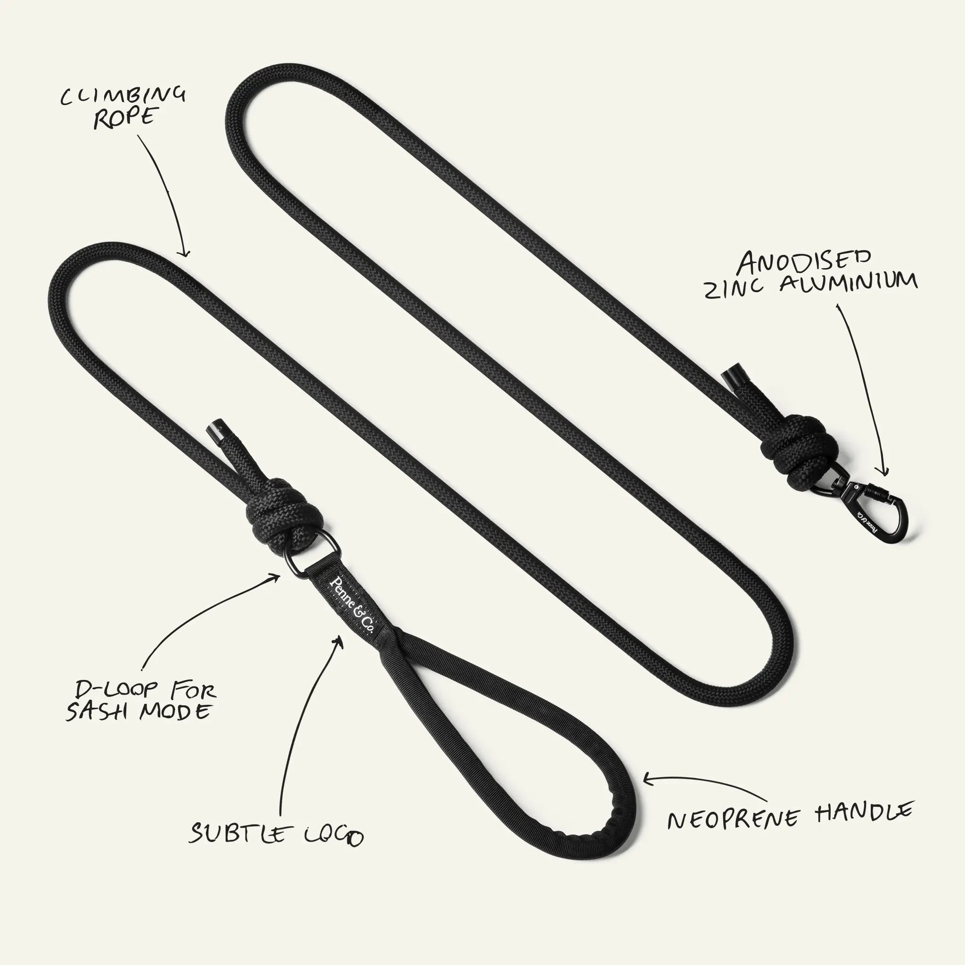 Brecon Black Dog Lead - Climbing Rope, Anodised Zinc Aluminium, D-Loop for Sash Mode, Subtle Logo, Neoprene Handle