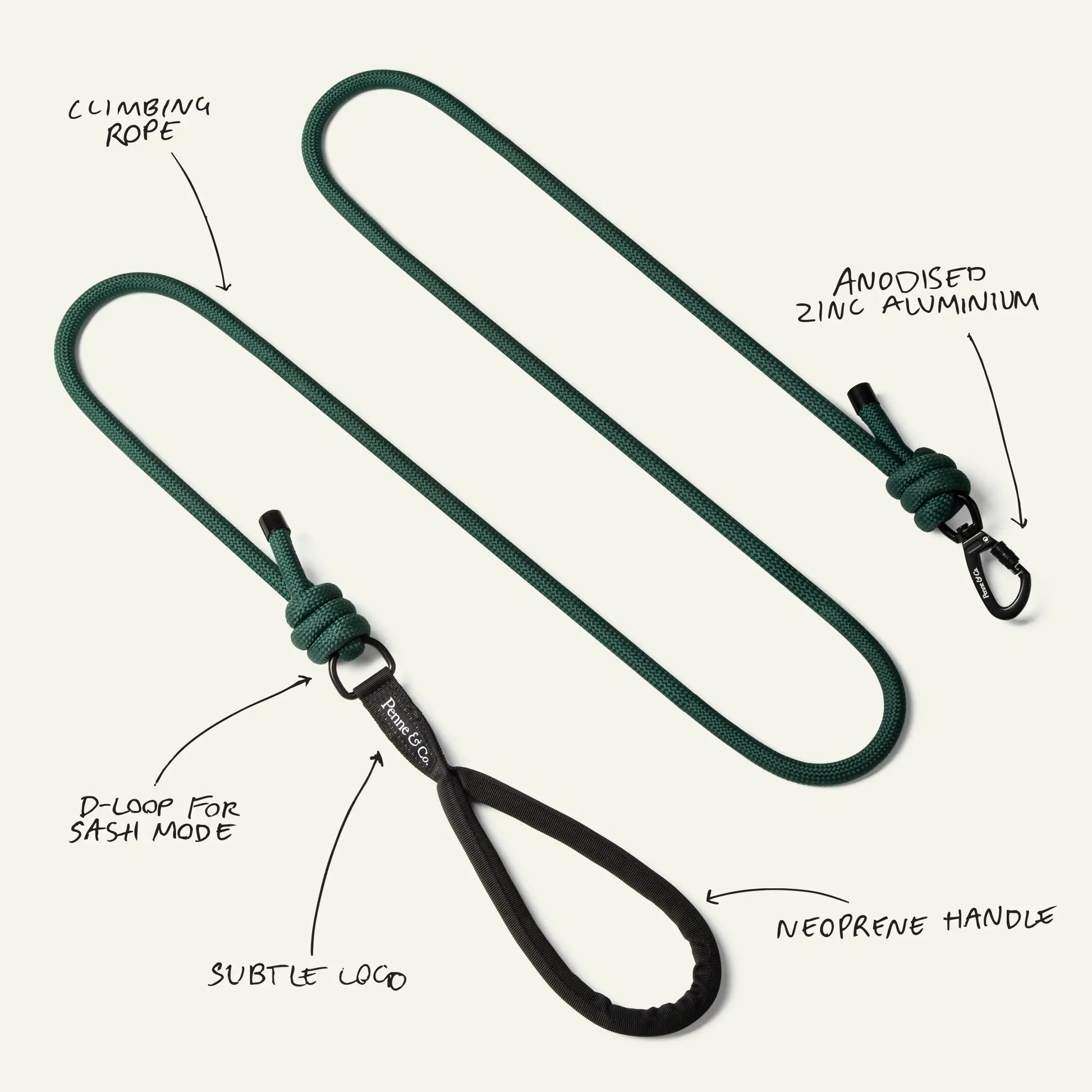 Brecon Green Dog Lead - Climbing Rope, Anodised Zinc Aluminium, D-Loop for Sash Mode, Subtle Logo, Neoprene Handle