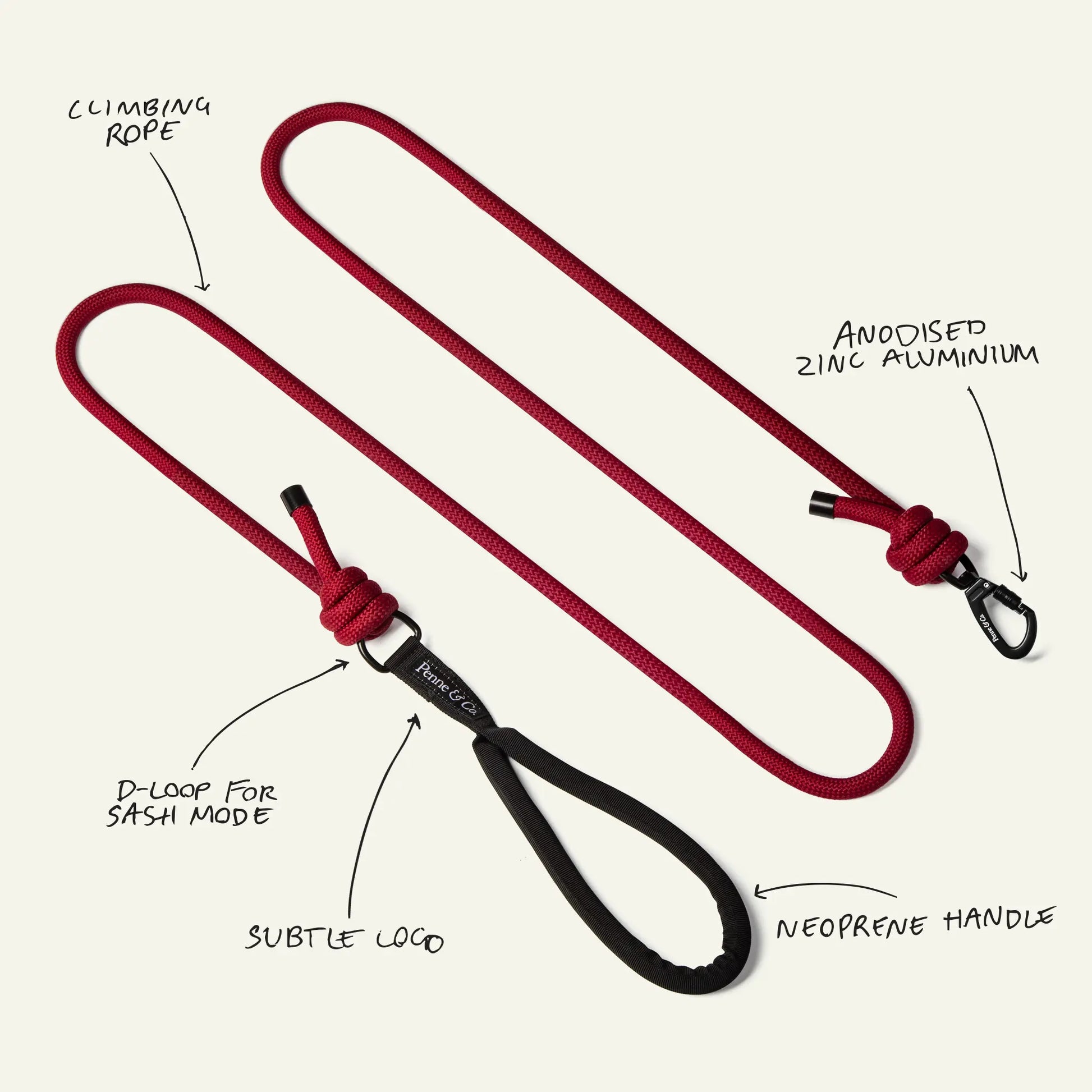 Brecon Red Dog Lead - Climbing Rope, Anodised Zinc Aluminium, D-Loop for Sash Mode, Subtle Logo, Neoprene Handle