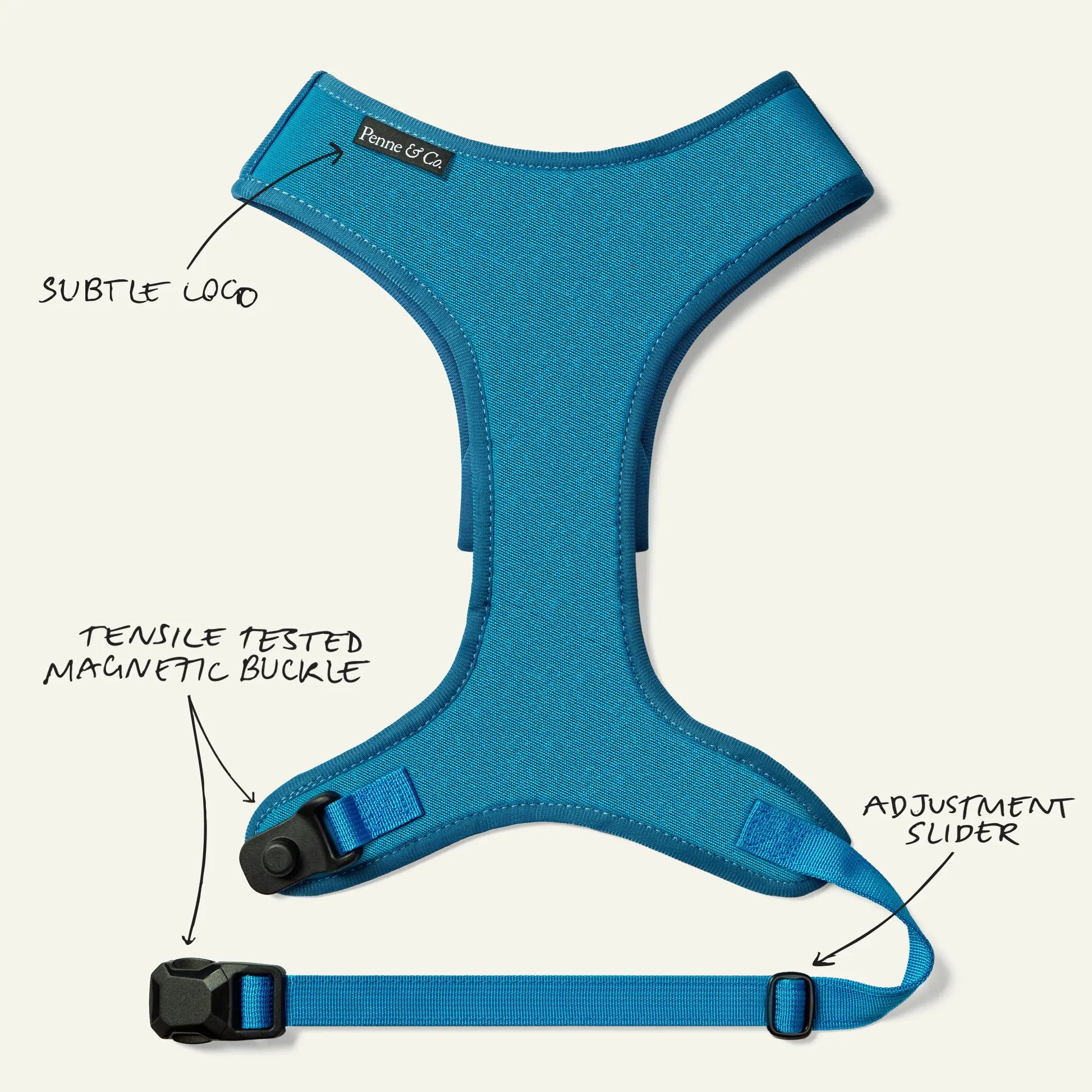 Richmond Blue Dog Harness - Subtle Logo, Tensile Tested Magnetic Buckle, Adjustment Slide