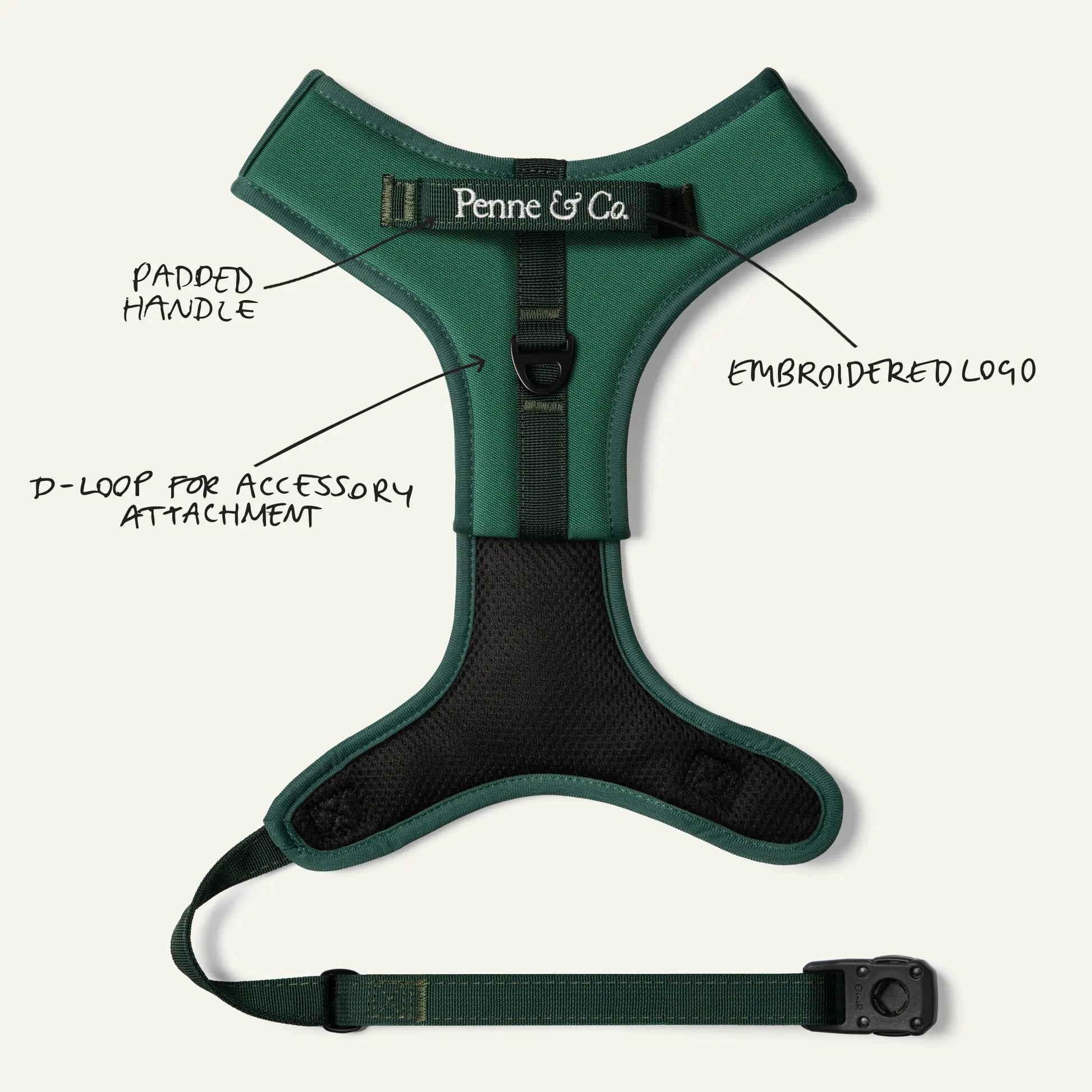 Richmond Green Dog Harness - Padded Handle, Embroidered Logo, D-Loop for Accessory Attachment 