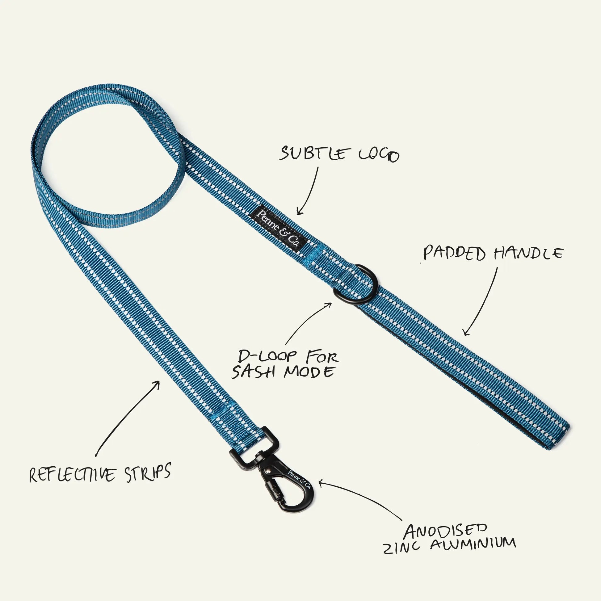 Richmond Blue Dog Leash - Subtle Logo, Padded Handle, D-Loop for Sash Mode, Reflective Strips, Anodised Zinc Aluminium